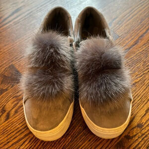 Sam Edelman Leya gray suede faux fur puff ball pull on sneakers. Size 8.5.